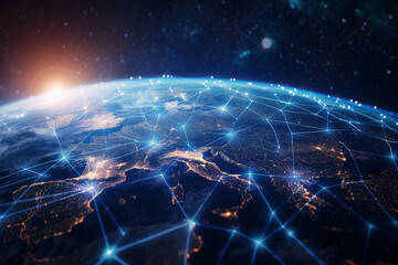 Naklejka na ściany i meble Planet Earth with a digital map, concept of European network and connectivity, international data transfer and cyber technology, worldwide business, information exchange, generative AI