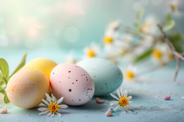 Obraz na płótnie Canvas pastel colored easter eggs and flowers
