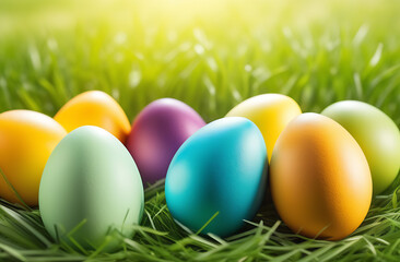 Happy Easter background with grass and coloured painted holiday eggs