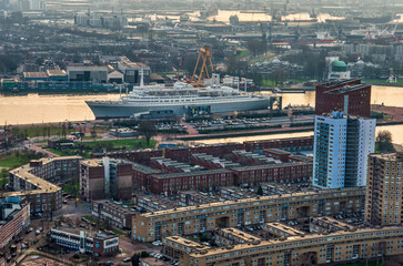 Rotterdam, The Netherlands, January 29, 2024: aerial view of Katendrecht neighbourhood and former cruiseship SS Rotterdam, now a hotel and congress center