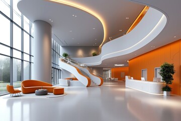 Large Lobby With Spiral Staircase and Orange and White Furniture - obrazy, fototapety, plakaty