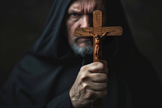 man with a wooden cross in his hands
