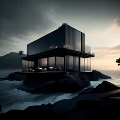 modern villa, dark space, dark design, building, illustration, archutecture
