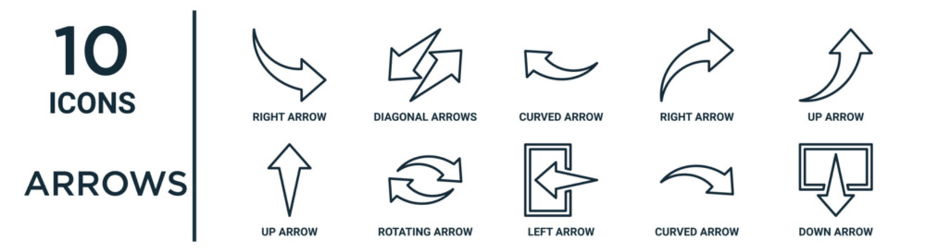 arrows outline icon set such as thin line right arrow, curved arrow, up arrow, rotating curved down up icons for report, presentation, diagram, web design