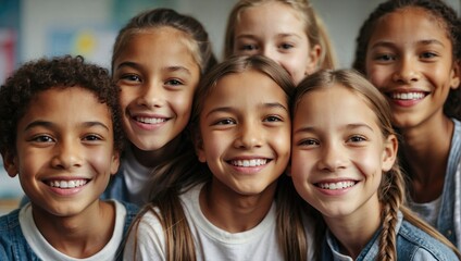 Group selfie of six joyful children, with diverse backgrounds, smiling in casual clothes with a classroom background.