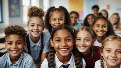 Selfie of smiling schoolchildren with diverse ethnicities wearing uniforms, in a classroom setting with a blurred educational background.