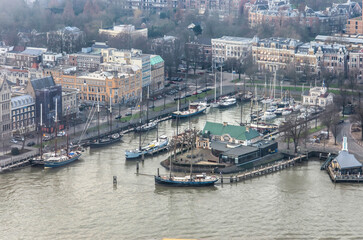 Fototapeta na wymiar Rotterdam, The Netherlands, January 29, 2024: aerial view of the former ferry harbour, now a marina