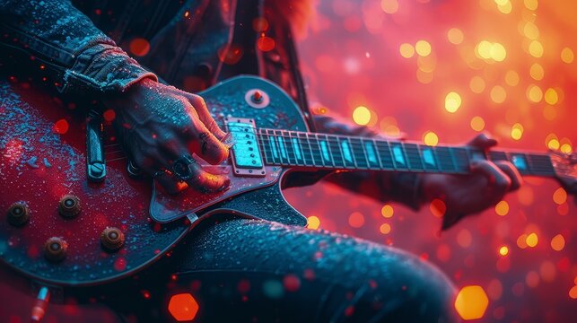 A man plays guitar in the rain during a concert. Spirit of National Music Day.