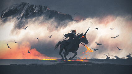 The ghost king riding a horse and holding a flaming sword, digital art style, illustration painting