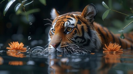 Sumatran tiger lurking in the river. World Wildlife Day