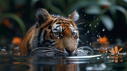 Sumatran tiger lurking in the river. World Wildlife Day