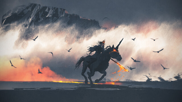 Fototapeta The ghost king riding a horse and holding a flaming sword, digital art style, illustration painting
