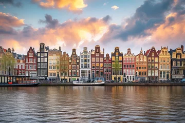 Photo sur Aluminium Brugges Amsterdam Netherlands dancing houses over river Amstel landmark in old european city spring landscape