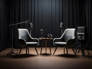 Two chairs and microphones in the podcast or interview room on a dark background designed as a wide banner for media conversations or the podcast streamer's concepts designed with copy space.