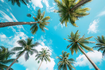 Obraz premium Blue sky and palm trees from below. Neural network generated image. Not based on any actual scene or pattern.