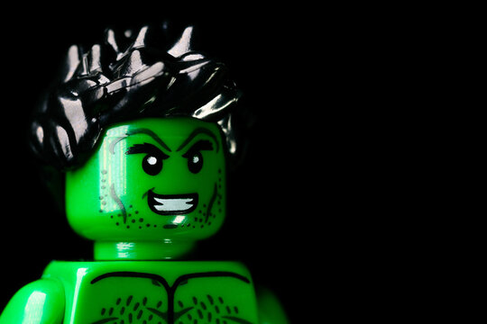 Face of LEGO Marvel's Incredible Hulk on the black background