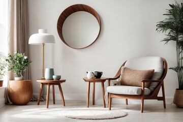 A wooden side table and chair are placed next to a white wall with decorative circles. contemporary living room decor