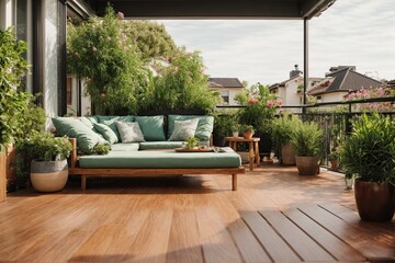 Gorgeous contemporary patio with wood decking, lush potted plants, outdoor furniture, and a comfortable spot to unwind in the backyard - obrazy, fototapety, plakaty
