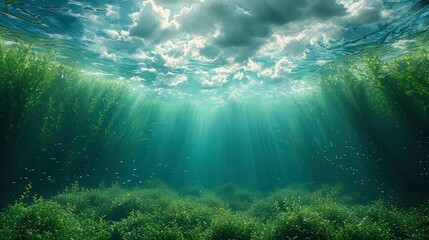 Seagrass view from underwater with sparkling sunlight. World Seagrass Day. - obrazy, fototapety, plakaty