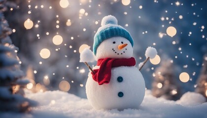 snowman on the snow A magical forest of ice and snow. The trees are decorated with lights and ornaments. A snowman is small 