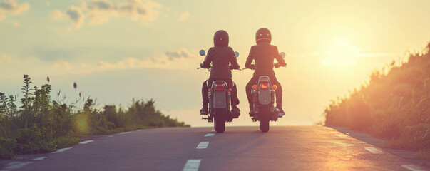 A married couple of bikers ride along the road against the backdrop of sunset. A man and a woman are riding two motorcycles. - obrazy, fototapety, plakaty