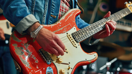 A guitarist plays a fashionable electric guitar at a concert. Close-up of a guitarist's hands...