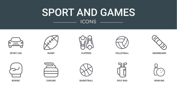 set of 10 outline web sport and games icons such as sport car, rugby, flippers, volleyball, snowboard, boxing, curling vector icons for report, presentation, diagram, web design, mobile app