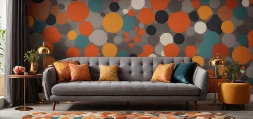 GREY loveseat sofa and side tables against of colorful circle patterned wall. Mid century interior design of modern living room