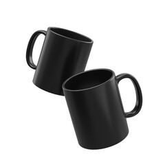Mockup of two black blank ceramic coffee mugs floating in air
