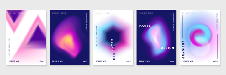 Cover or poster template with fluid gradient abstract shapes. Set of banners with liquid vibrant gradient blur in iridescent neon colors. Vector geometric form mesh elements with blurry effect. - obrazy, fototapety, plakaty