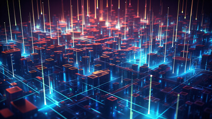 Obraz premium Abstract technology connected internet network with polygonal multicolored dots and lines with dark blue background. Digital cybersecurity protection and big data visualization. internet of things.
