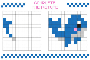 Complete the picture, complete the grid image. Coloring cellular areas. Children's games. Cartoon vector illustration. Blue whale.
Educational cards for children. Pixel art. Mosaic for children.