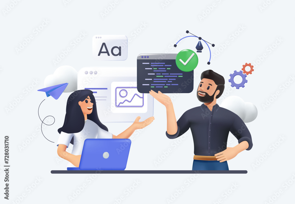Fototapete Web development creating mobile web page. Programmers making website, female and male developers working on software. Man generating idea, woman making interface 3D vector illustration
