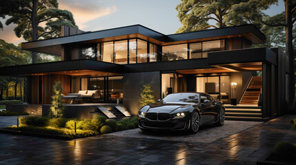 Step into a captivating residence that defines uniqueness and attractiveness, complete with a garage featuring a parked car and an inviting garden.  - obrazy, fototapety, plakaty