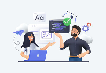 Web development creating mobile web page. Programmers making website, female and male developers working on software. Man generating idea, woman making interface 3D vector illustration