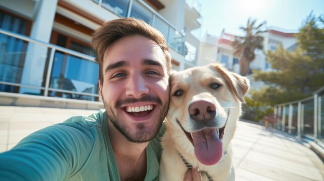 Happy man owner with dog taking selfie outdoor , touch and embrace for happy friends. Animal or social media app with smile, relax and photography. Low angle view building, home or hotel background