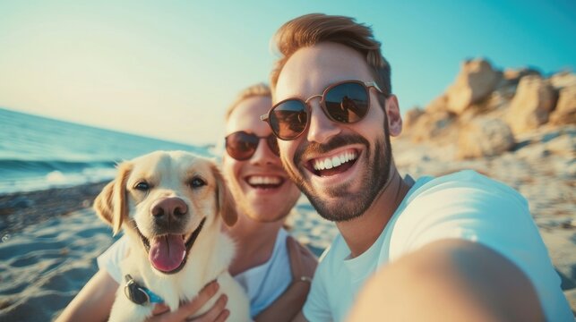 Happy man taking selfie with dog at beach