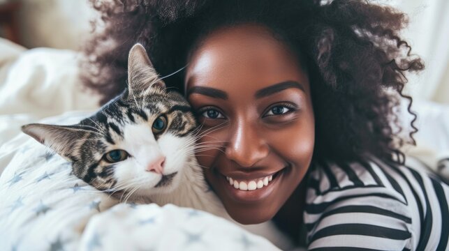 African-American girl with her cat in hotel room lying on bed and taking selfie. Pet friendly hotel, space. Girl relaxing with cat 