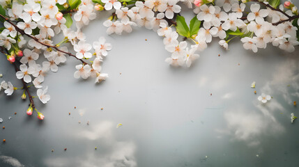 White flowers on a gray background. Spring background, flowers, top view with copy space. Natural background. Flowering branches of a plant on the table