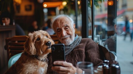 Love, relax and retirement senior man with dog pet together in cafe taking selfie. Pet friendly space concept. Saving memories with pet. 