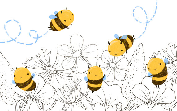 Cute Honey Bee illustration flying with line drawing meadow flowers. Isolated on white background
