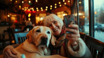 Fototapeta na wymiar Happy elderly woman with her dog in a cafe, is hugging her lovely pet and take a selfie photo together. Concept of pet friendly space, restaurants, pubs, bars. Mature woman relaxing with dog