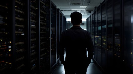Silhouette of an IT engineer in the office of a large database server center, high-speed data transfer, server transfer, technology science breakthrough, progress, innovation concept.