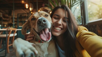 Happy female owner with her dog in a cafe, is holding and hugging her lovely pet to take a selfie photo together.  Concept of pet friendly space. restaurants, pubs, bars. 