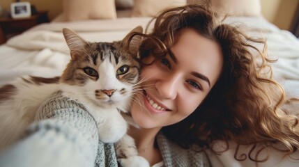 Gorgeous smiling young  girl with her cat in hotel room taking selfie, pet friendly hotel. Woman relaxing with cat, pet friendly space. Influencer, recording video . pet care