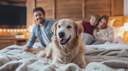 Obraz premium Family with dog in pet friendly hotel. Welcome dog. Family traveling with dog. Pet friendly places concept. 