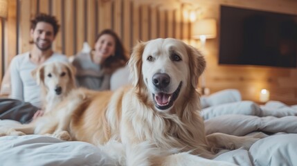 Family with dog in pet friendly hotel. Welcome dog. Family traveling with dog. Pet friendly places concept. 