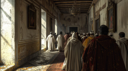 Interior of an ancient Catholic monastery church with several monks and priests gathered Generative AI Illustration