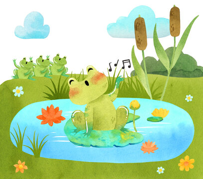 Watercolor funny Toad in pond singing. 