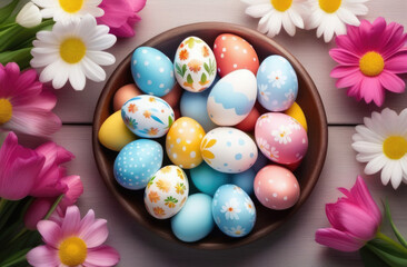 Fototapeta na wymiar Easter, colorful painted eggs decorated with ornaments and patterns, pink spring flowers, daisies, eggs in a wicker nest, top view, wooden background